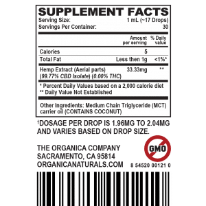 Zero High CBD Oil Ultra Concentrated Isolate Tincture - THC-Free - 1000MG Supplement Facts