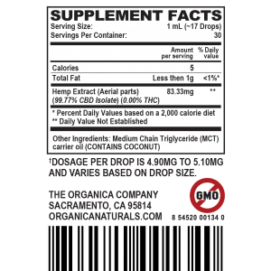 Zero High CBD Oil Super Concentrated Isolate Tincture - THC-Free - 2500MG Supplement Facts Label