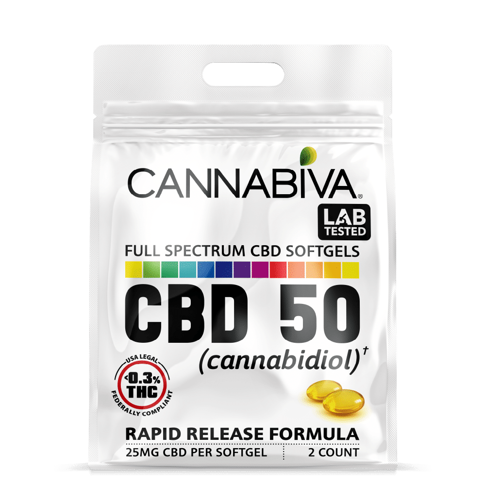 Full Spectrum CBD-50 Softgels - Quick Pack - 25mg Per Capsule - Front