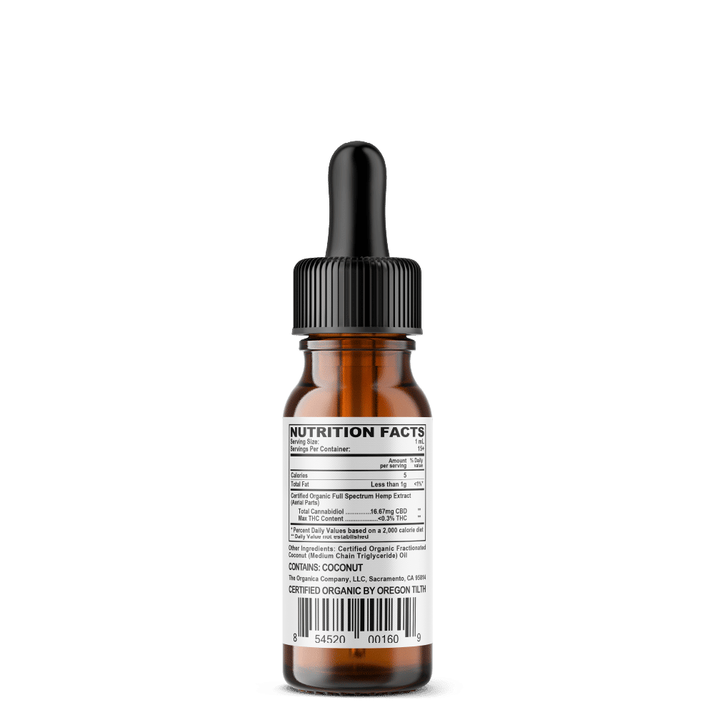 CBD Oil - Concentrated 250mg Full Spectrum Formula Pocket Size Facts Label - USDA Organic