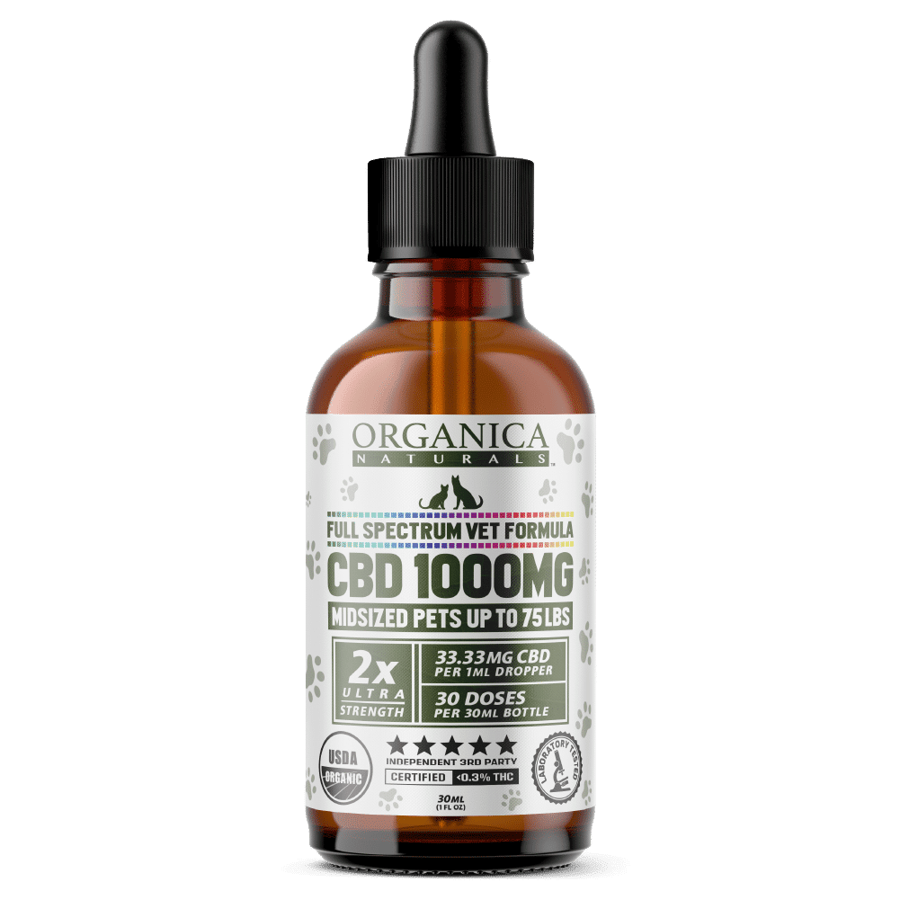 Vet CBD Oil - 1000mg Full Spectum For Midsized Dogs and Cats - USDA Organic - Bottle