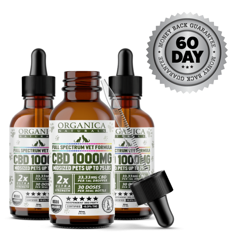 Vet CBD Oil - 1000mg Full Spectum For Midsized Dogs and Cats - USDA Organic - Bottles With Dropper - Three Month Supply and Satisfaction Guarantee