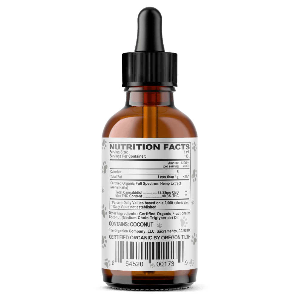 Vet CBD Oil - 1000mg Full Spectum For Midsized Dogs and Cats - USDA Organic - Facts Label