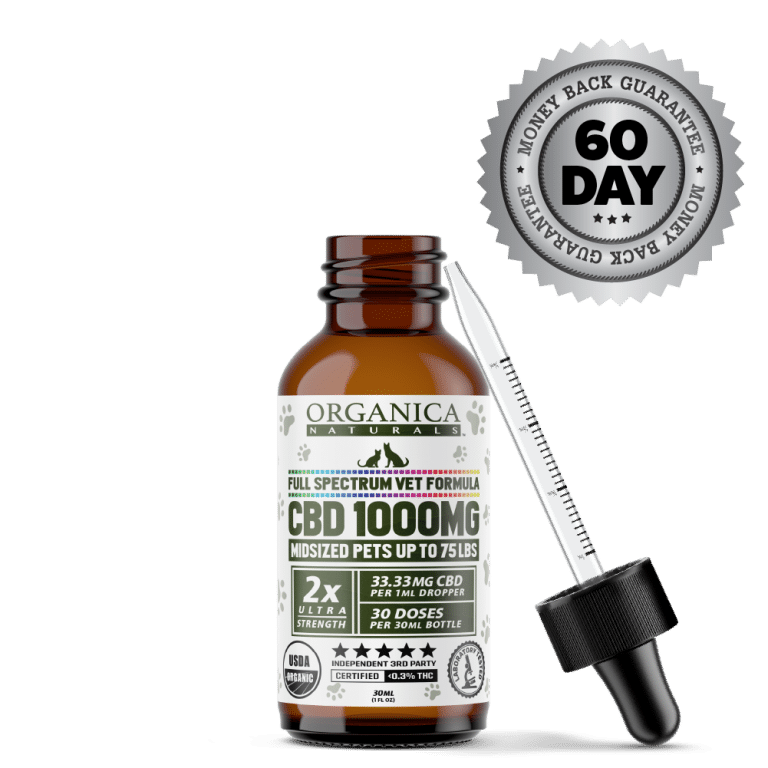 Vet CBD Oil - 1000mg Full Spectum For Midsized Dogs and Cats - USDA Organic - Bottle With Dropper and Satisfaction Guarantee