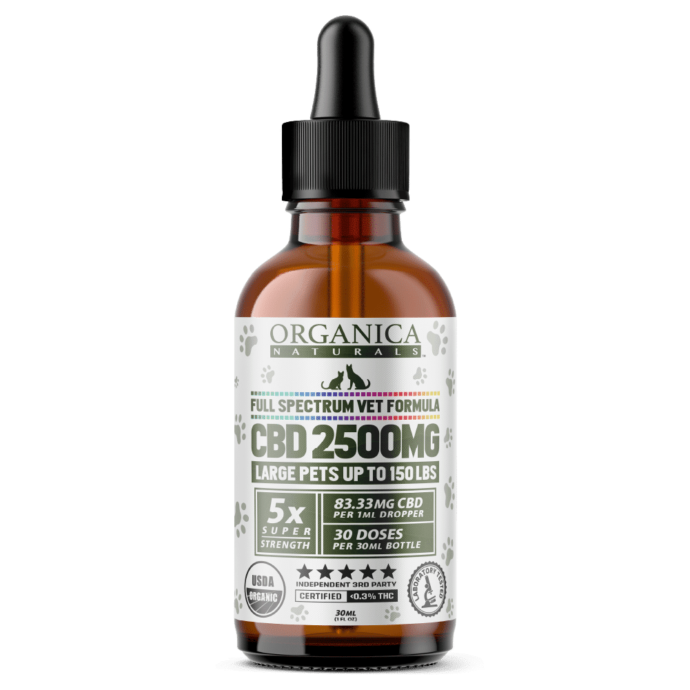 Vet CBD Oil - 2500mg Full Spectum For Large Pets, Dogs and Cats - USDA Organic - Bottle