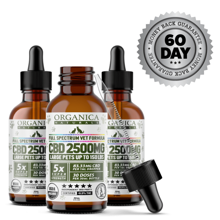 Vet CBD Oil - 2500mg Full Spectum For Large Pets, Dogs and Cats - USDA Organic - Bottles With Dropper - Three Month Supply and Satisfaction Guarantee