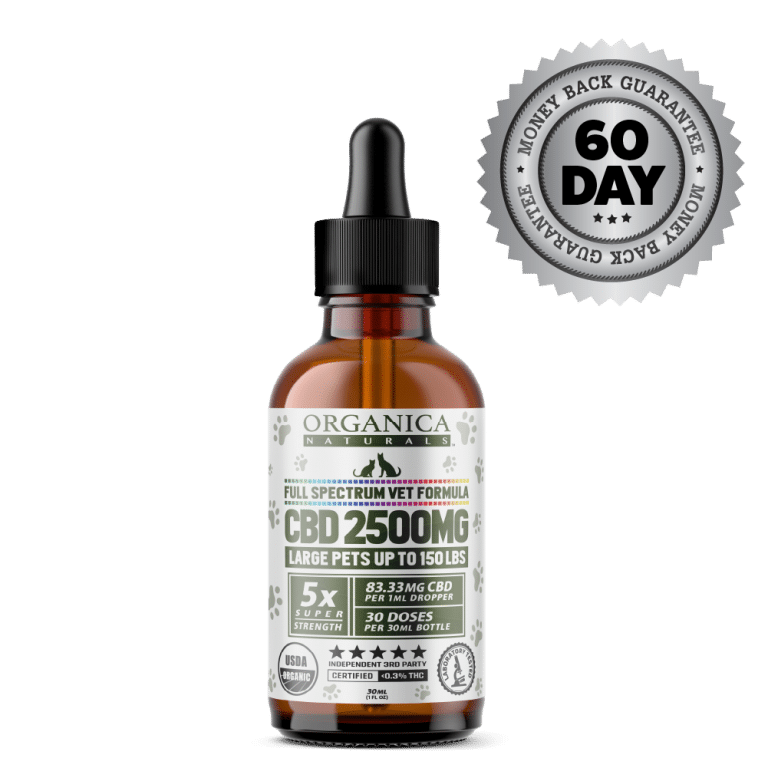 Vet CBD Oil - 2500mg Full Spectum For Large Pets, Dogs and Cats - USDA Organic - Bottle - Satisfaction Guarantee