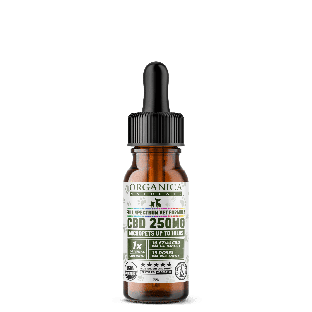 Vet CBD Oil - 250mg Full Spectum For Micropets, Dogs and Cats - USDA Organic - Bottle