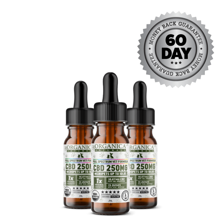 Vet CBD Oil - 250mg Full Spectum For Micropets, Dogs and Cats - USDA Organic - Bottles - Three Month Supply and Satisfaction Guarantee