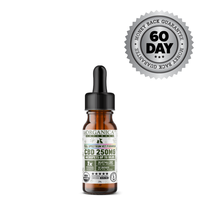 Vet CBD Oil - 250mg Full Spectum For Micropets, Dogs and Cats - USDA Organic - Bottle - Satisfaction Guarantee