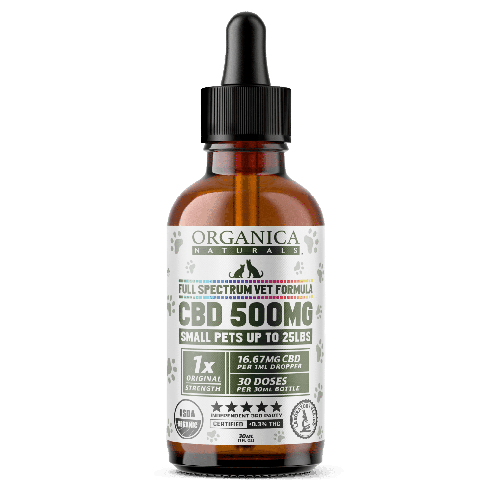 Vet CBD Oil - 500mg Full Spectum For Small Dogs and Cats - USDA Organic - Bottle