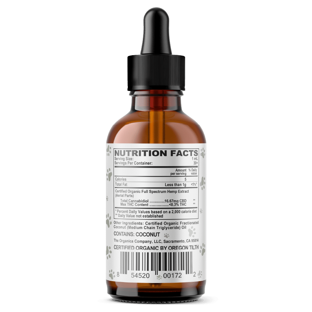 Vet CBD Oil - 500mg Full Spectum For Small Dogs and Cats - USDA Organic - Facts Label