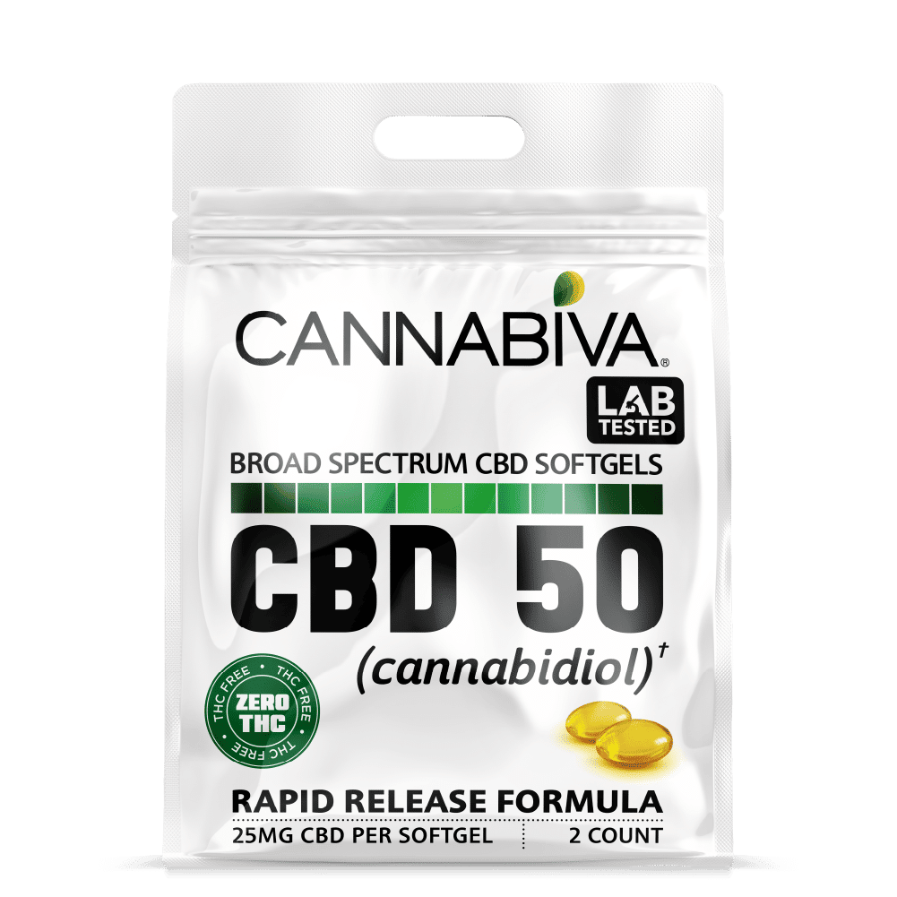 Broad Spectrum CBD-50 Softgels (0% THC) - Quick Pack - 25mg Per Capsule - Front