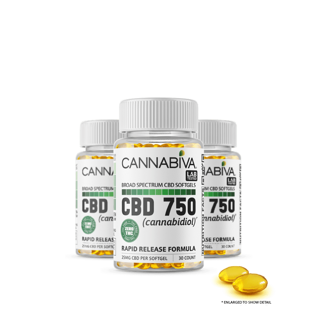 Broad Spectrum CBD Softgels (0% THC) - Cannabiva 750MG - 30 Capsules With 25mg Per Supplement - Capsule Zoom - Three Month Supply