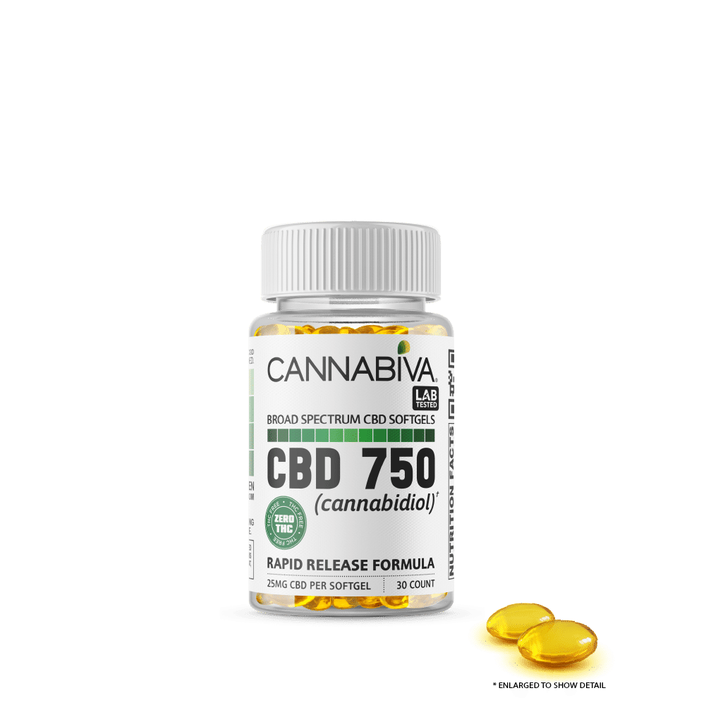 Broad Spectrum CBD Softgels (0% THC) - Cannabiva 750MG - 30 Capsules With 25mg Per Supplement - Capsule Zoom