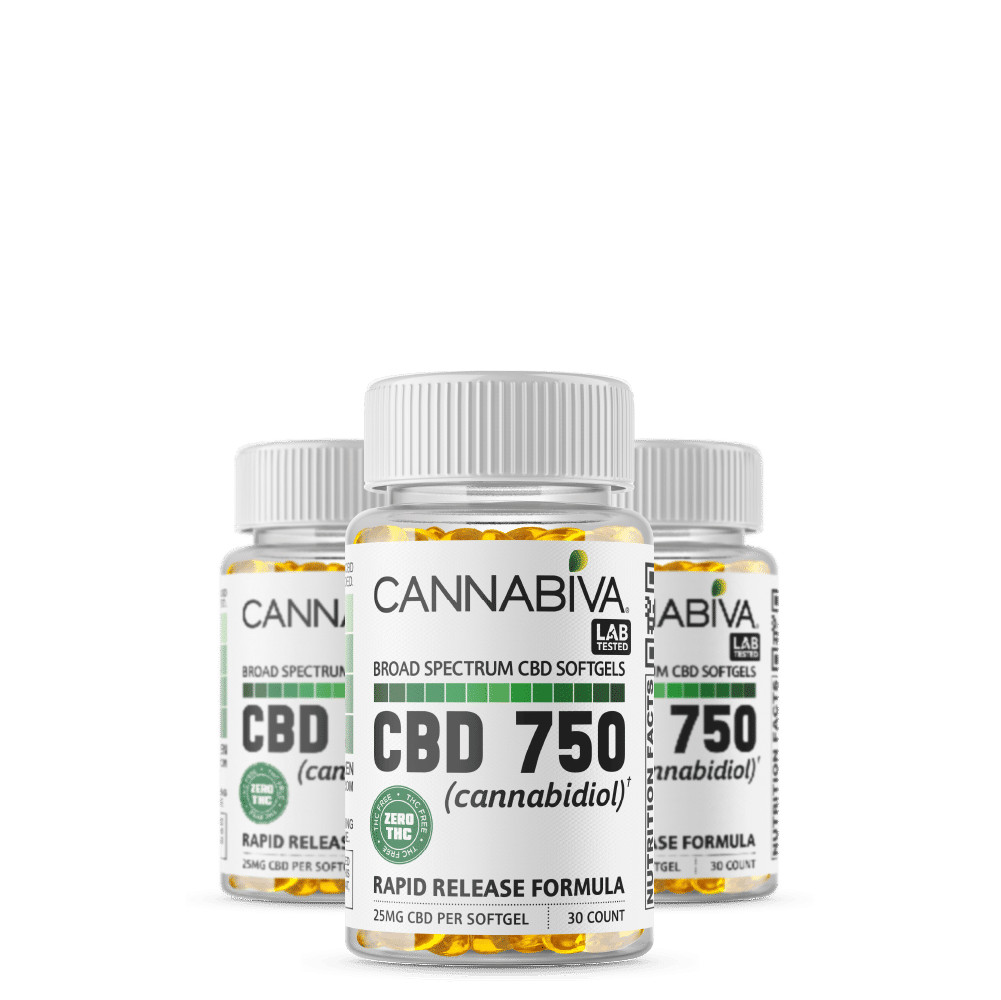 Broad Spectrum CBD Softgels (0% THC) - Cannabiva 750MG - 30 Capsules With 25mg Per Supplement - Three Month Supply