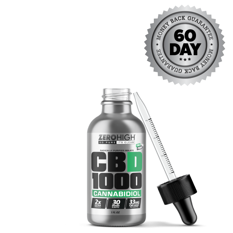 Extra Strength 1000MG CBD oil isolate from Zero High - pure Cannabidiol with no THC - Open Bottle With Dropper And Satisfaction Guarantee Seal