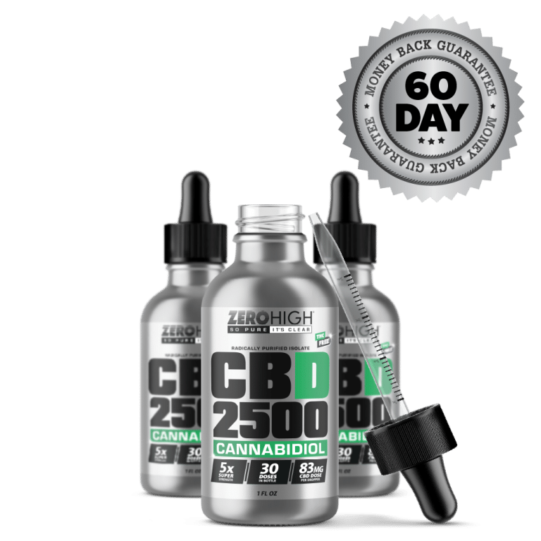 Super Strength 2500MG CBD oil isolate from Zero High - pure Cannabidiol with no THC - Three Bottles One Open With Dropper And Satisfaction Guarantee Seal