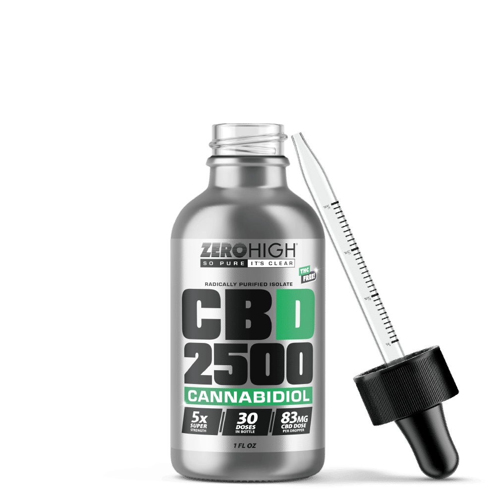 Super Strength 2500MG CBD oil isolate from Zero High - pure Cannabidiol with no THC - Open Bottle With Dropper