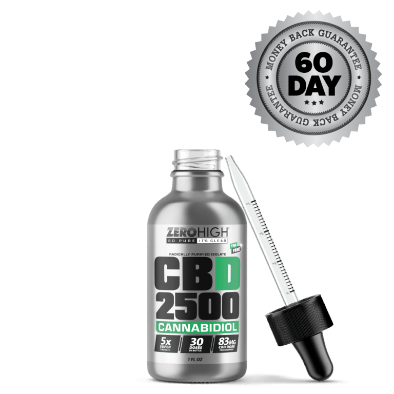 Super Strength 2500MG CBD oil isolate from Zero High - pure Cannabidiol with no THC - Open Bottle With Dropper And Satisfaction Guarantee Seal