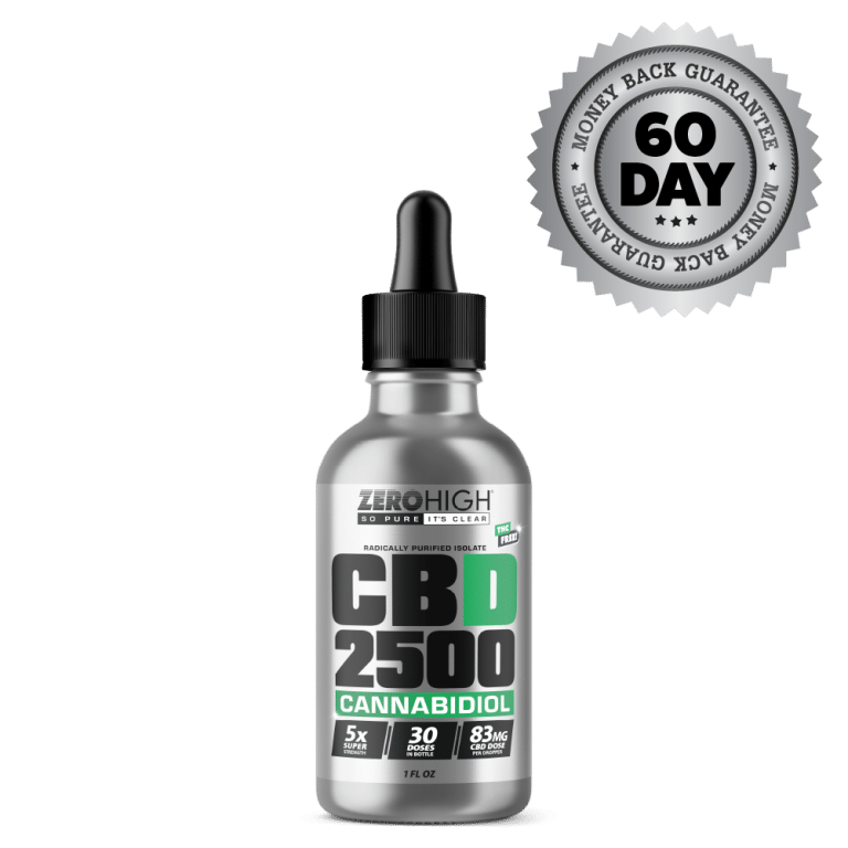 Super Strength 2,500 Milligram CBD oil isolate from Zero High - pure Cannabidiol with no THC - Bottle With Satisfaction Guarantee Seal