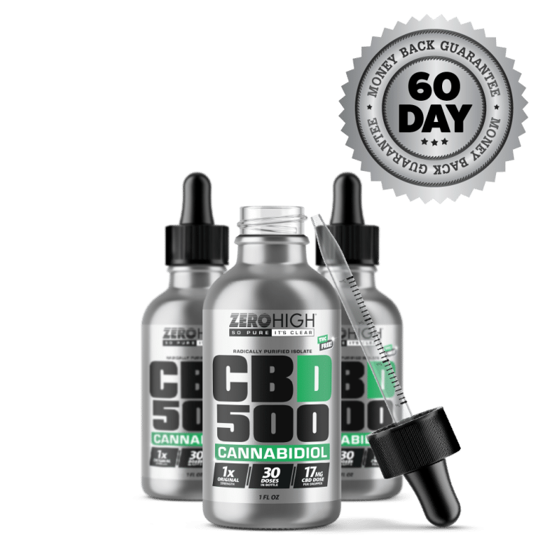 Original Strength 500MG CBD oil isolate from Zero High - pure Cannabidiol with no THC - Three Bottles One Open With Dropper And Satisfaction Guarantee Seal
