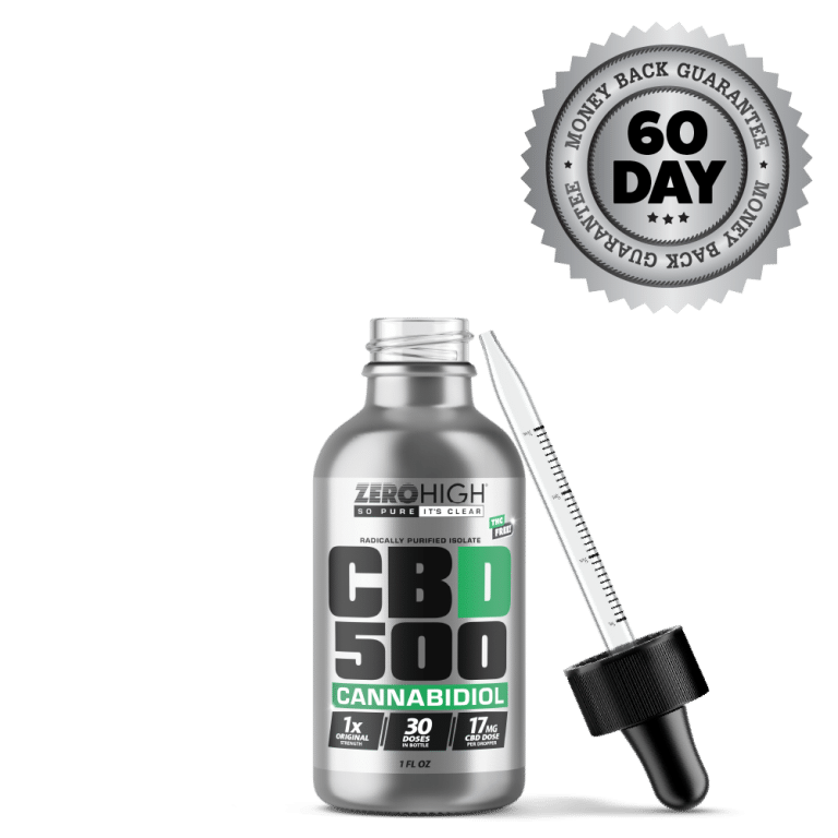 Original Strength 500MG CBD oil isolate from Zero High - pure Cannabidiol with no THC - Open Bottle With Dropper And Satisfaction Guarantee Seal