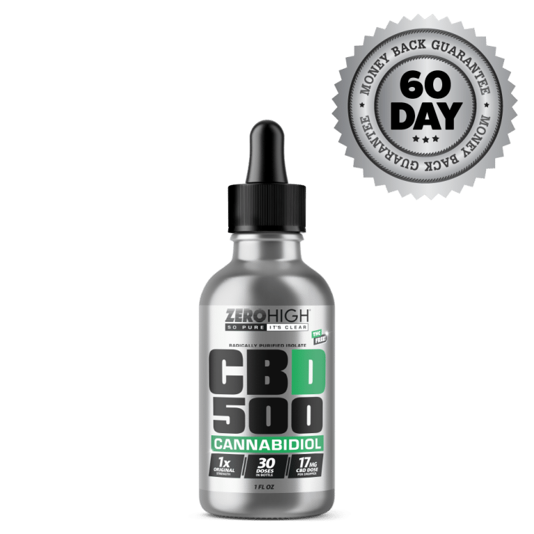 Original Strength 500MG CBD oil isolate from Zero High - pure Cannabidiol with no THC - Bottle With Satisfaction Guarantee Seal