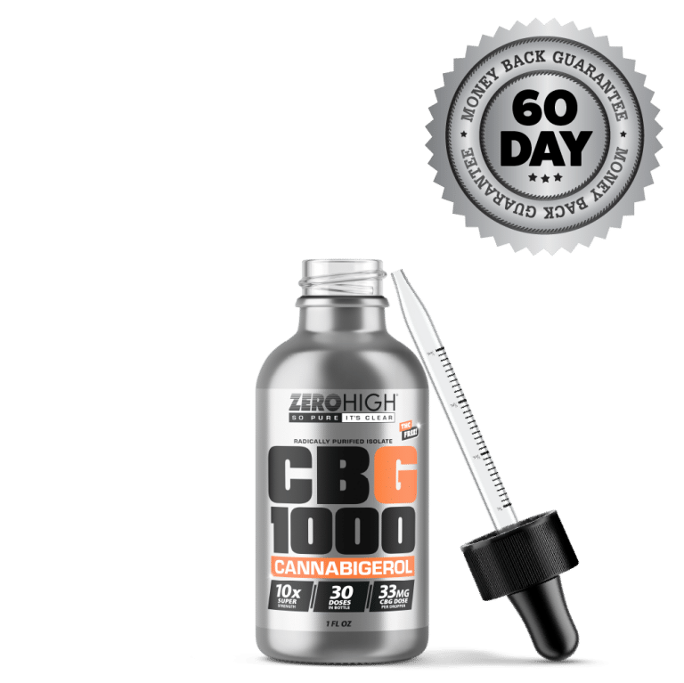 Super Strength 1000MG CBG oil isolate from Zero High - pure Cannabigerol with no THC - Open Bottle With Dropper And Satisfaction Guarantee Seal