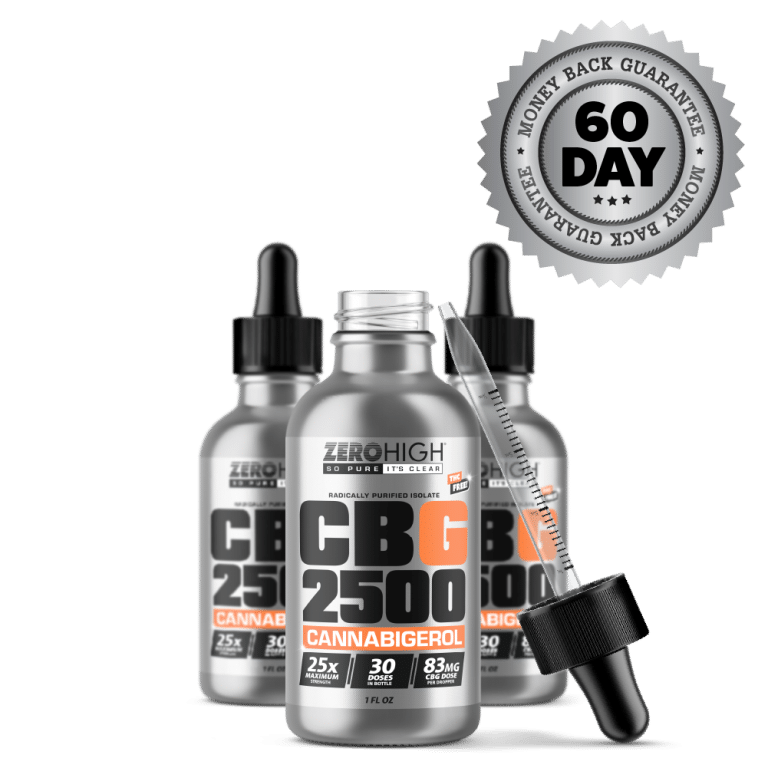 Maximum Strength 2500MG CBG oil isolate from Zero High - pure Cannabigerol with no THC - Three Bottles One Open With Dropper And Satisfaction Guarantee Seal