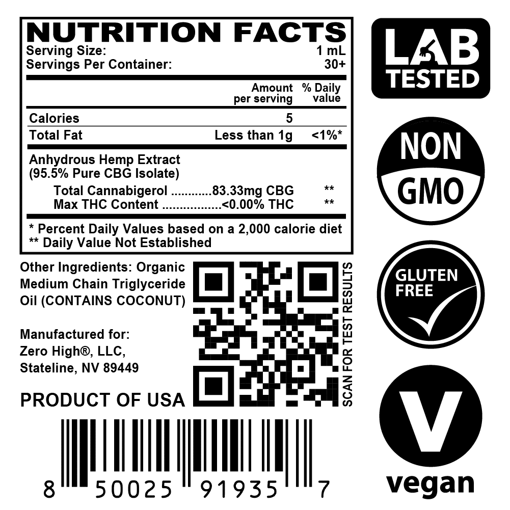 Maximum Strength 2500MG CBG oil isolate from Zero High - pure Cannabigerol with no THC - Nutrition Facts Label With Lab Test Result QR Code