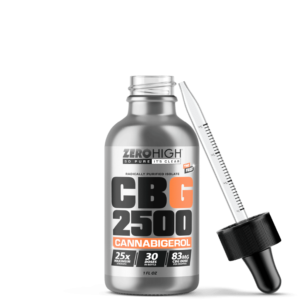 Maximum Strength 2500MG CBG oil isolate from Zero High - pure Cannabigerol with no THC - Open Bottle With Dropper