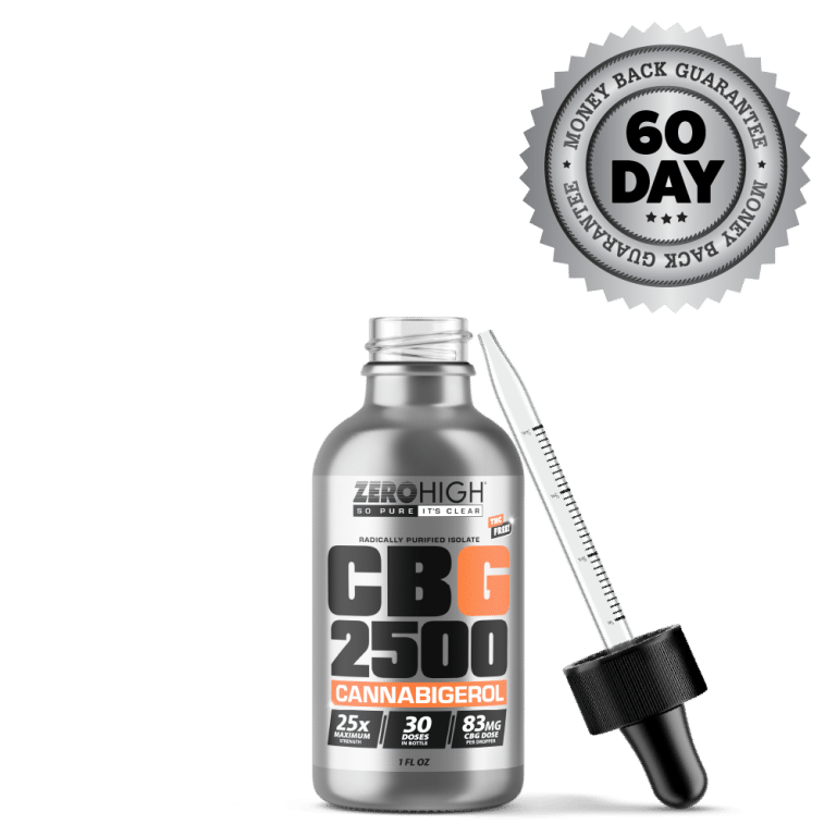 Maximum Strength 2500MG CBG oil isolate from Zero High - pure Cannabigerol with no THC - Open Bottle With Dropper And Satisfaction Guarantee Seal