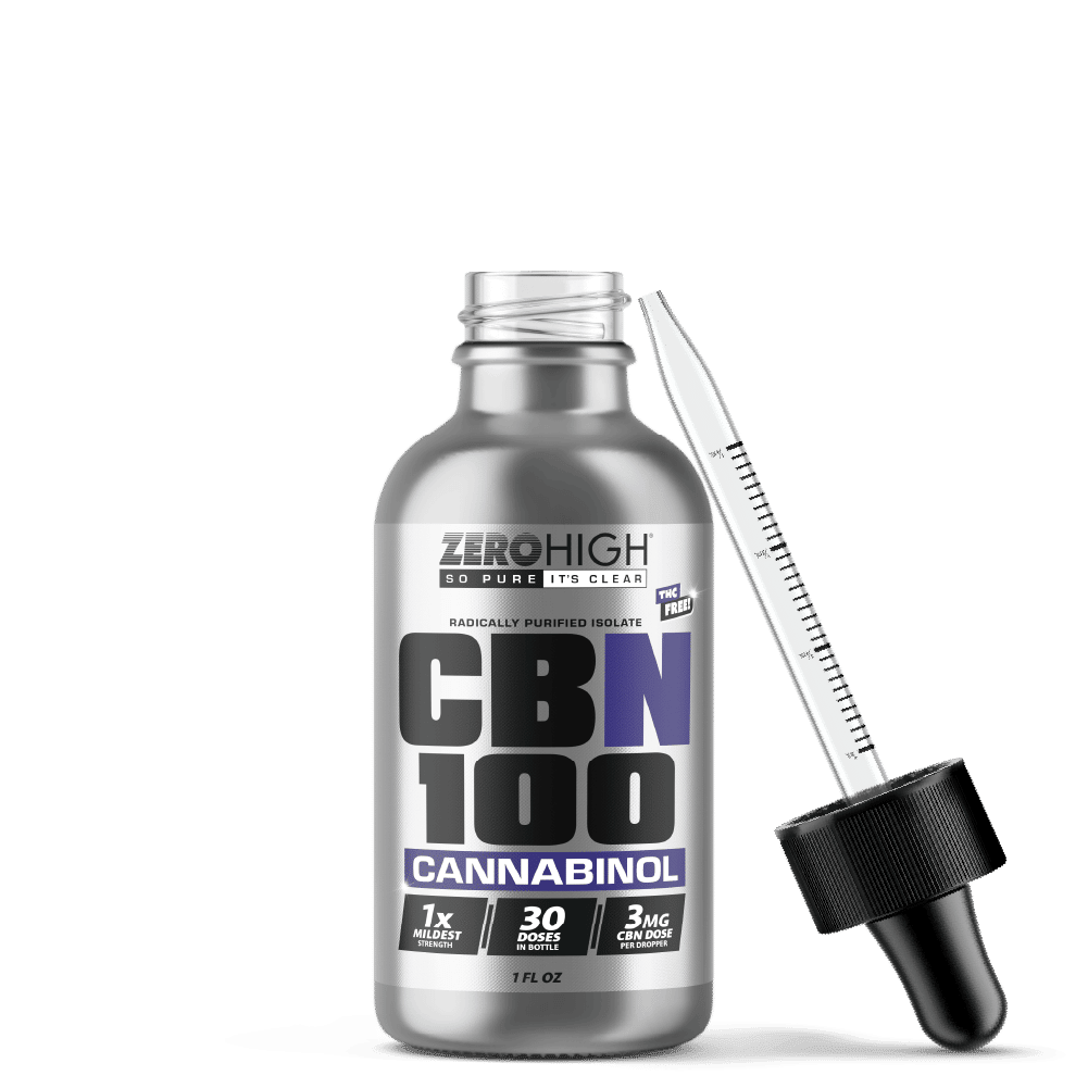 Mildest Strength 100MG CBN oil isolate from Zero High - pure Cannabinol with no THC - Open Bottle With Dropper