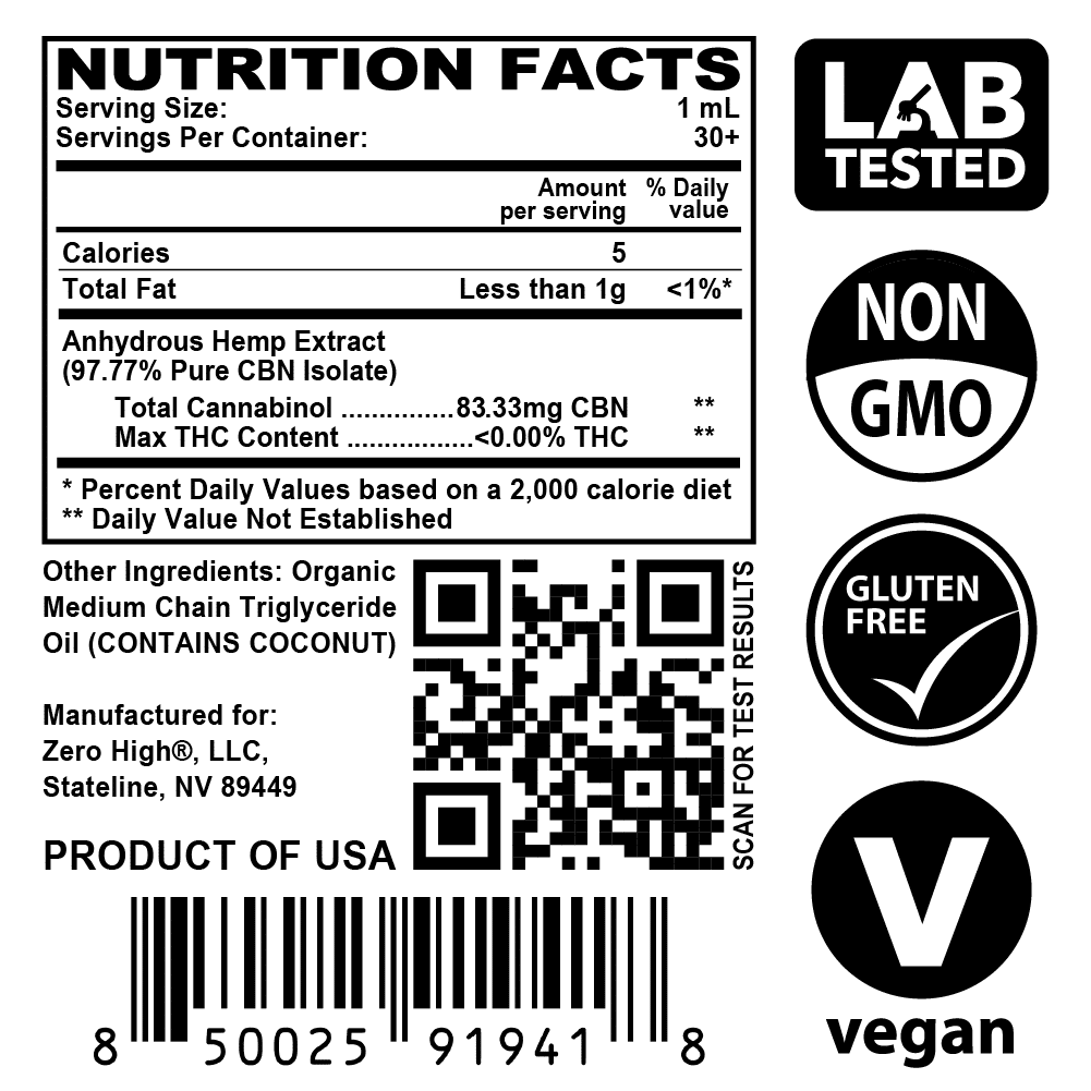 Maximum Strength 2500MG CBN oil isolate from Zero High - pure Cannabinol with no THC - Nutrition Facts Label With Lab Test Result QR Code