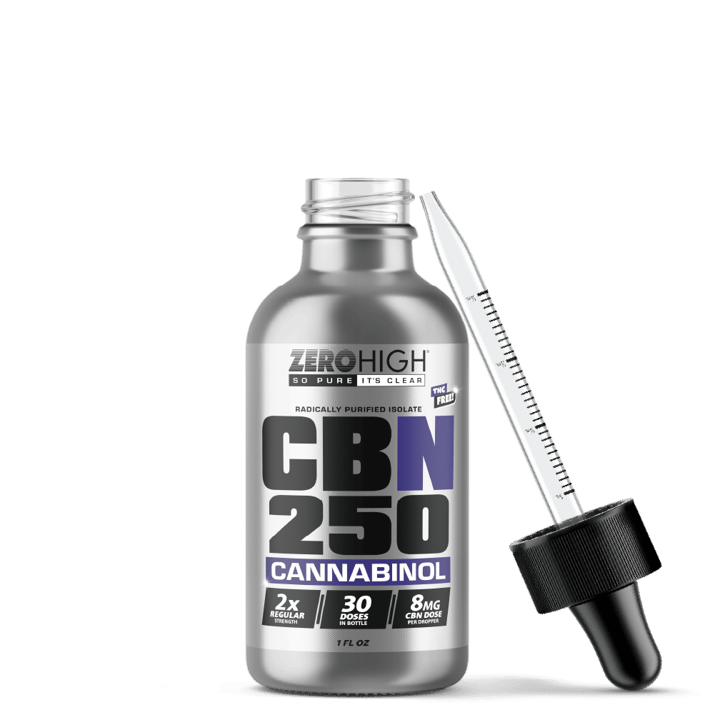 Regular Strength 250MG CBN oil isolate from Zero High - pure Cannabinol with no THC - Open Bottle With Dropper
