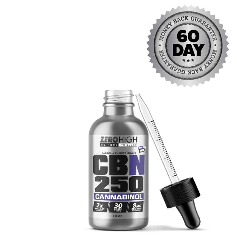 Regular Strength 250MG CBN oil isolate from Zero High - pure Cannabinol with no THC - Open Bottle With Dropper And Satisfaction Guarantee Seal