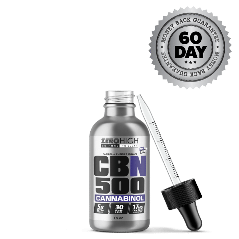 Extra Strength 500MG CBN oil isolate from Zero High - pure Cannabinol with no THC - Open Bottle With Dropper And Satisfaction Guarantee Seal
