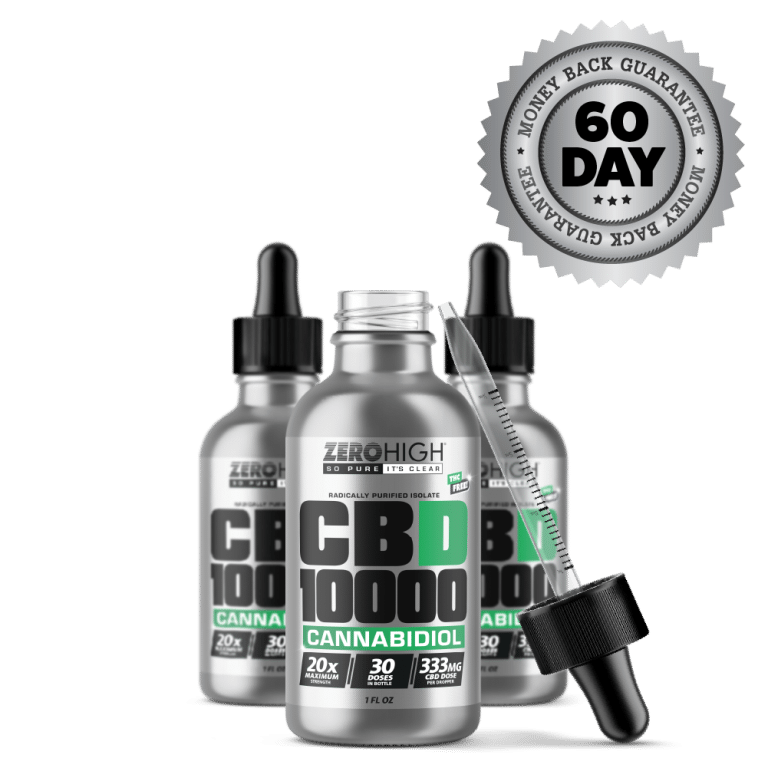 CBD Oil - Concentrated 10,000mg Zero High Isolate With No THC Bottles with Dropper and Guarantee - Three Month Supply