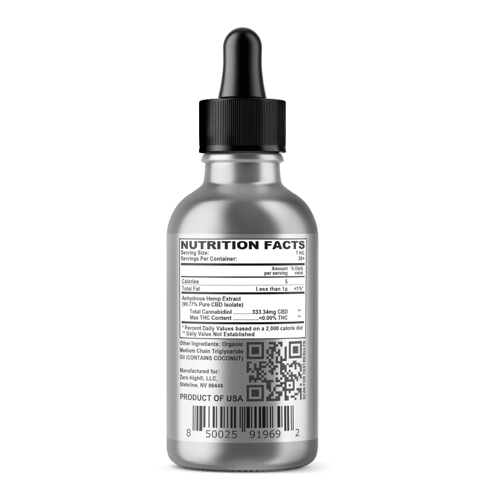CBD Oil - Concentrated 10,000mg Zero High Isolate With No THC Facts Label