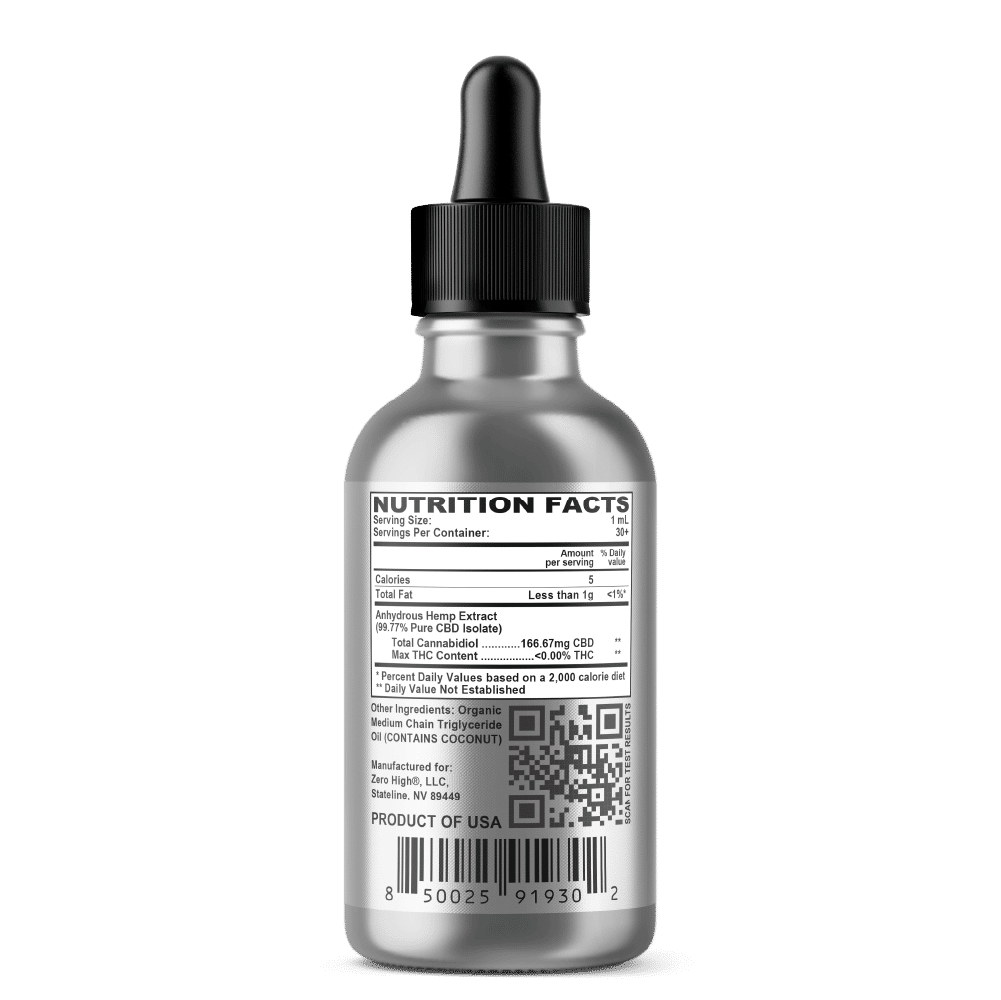 CBD Oil - Concentrated 5,000mg Zero High Isolate With No THC Facts Label