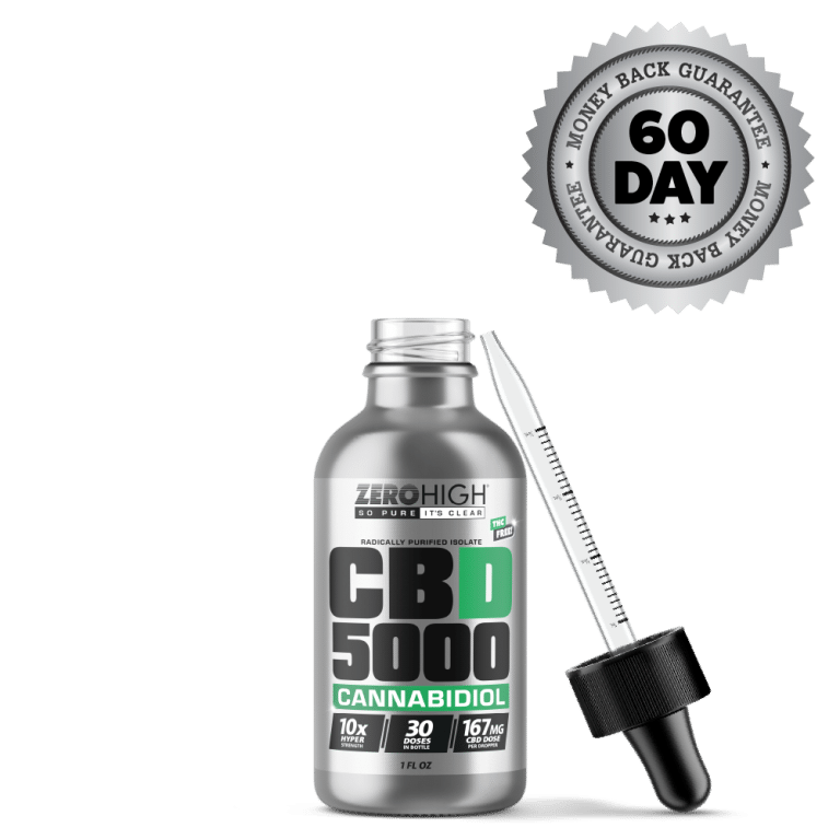 CBD Oil - Concentrated 5,000mg Zero High Isolate With No THC Bottle With Dropper and Satisfaction Guarantee