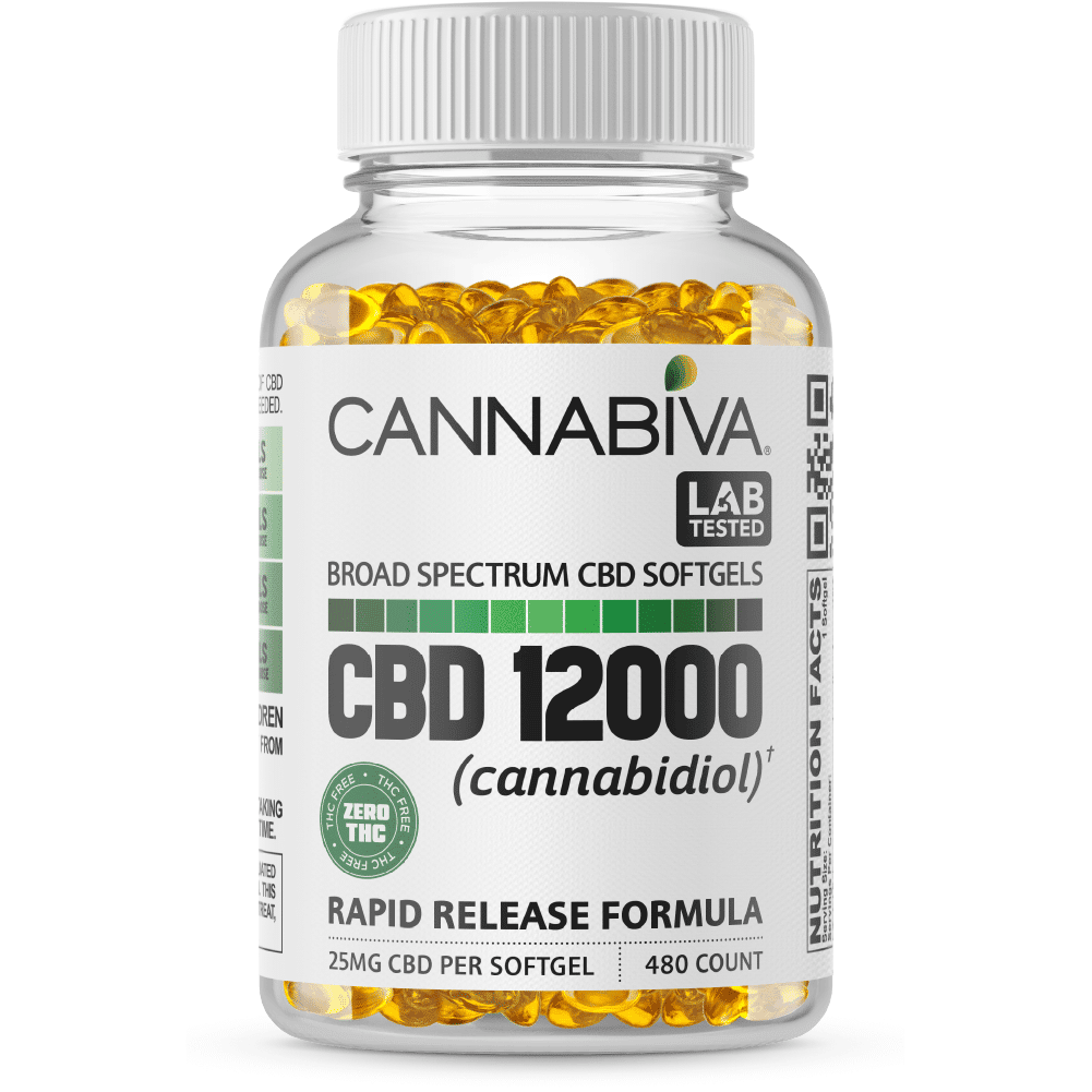 Broad Spectrum CBD Softgels (0% THC) - Cannabiva 12000MG - 480 Capsules With 25mg Per Supplement - Bottle