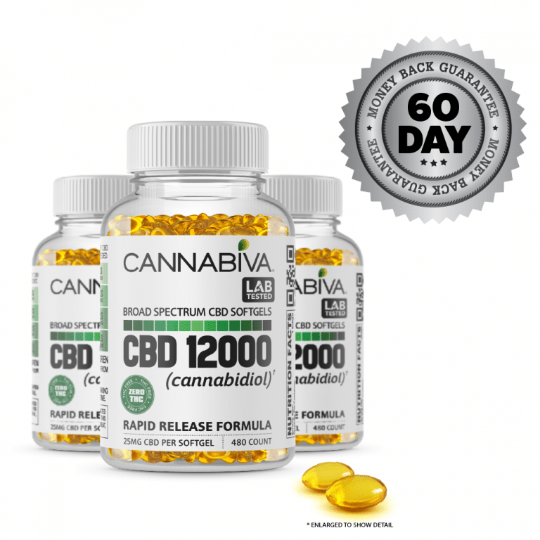 Broad Spectrum CBD Softgels (0% THC) - Cannabiva 12000MG - 480 Capsules With 25mg Per Supplement - Bottles - Three Month Supply and Satisfaction Guarantee