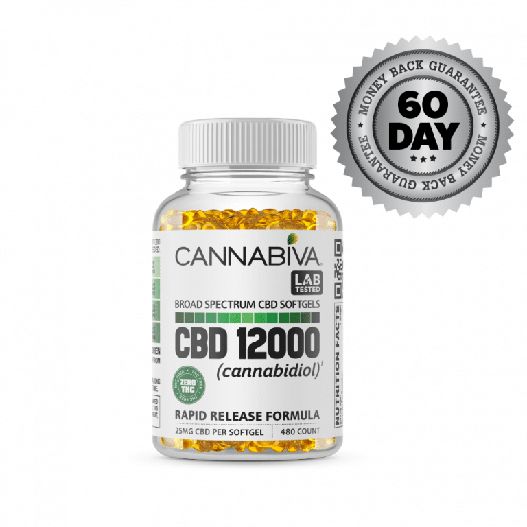 Broad Spectrum CBD Softgels (0% THC) - Cannabiva 12000MG - 480 Capsules With 25mg Per Supplement - Satisfaction Guarantee