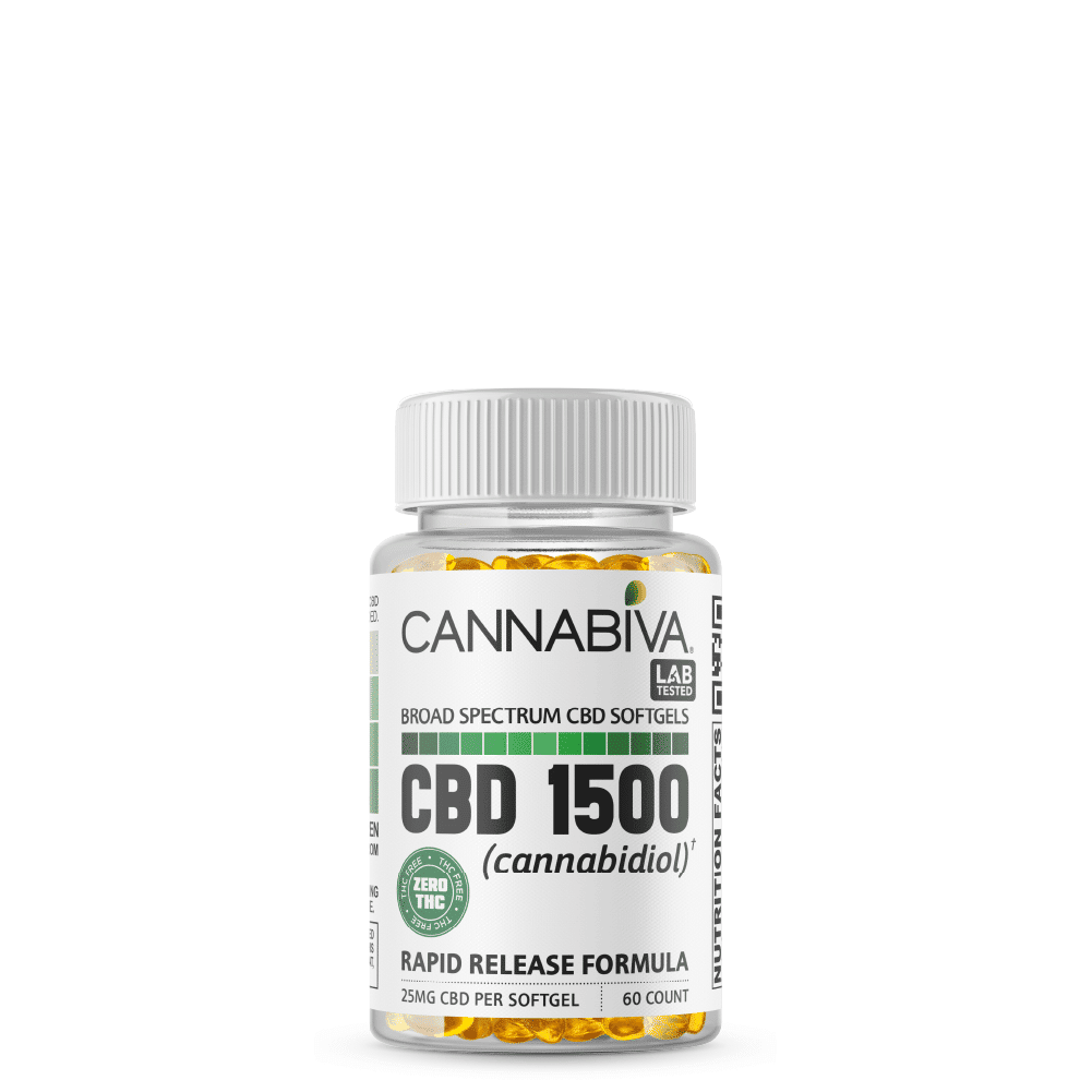 Broad Spectrum CBD Softgels (0% THC) - Cannabiva 1500MG - 60 Capsules With 25mg Per Supplement - Bottle