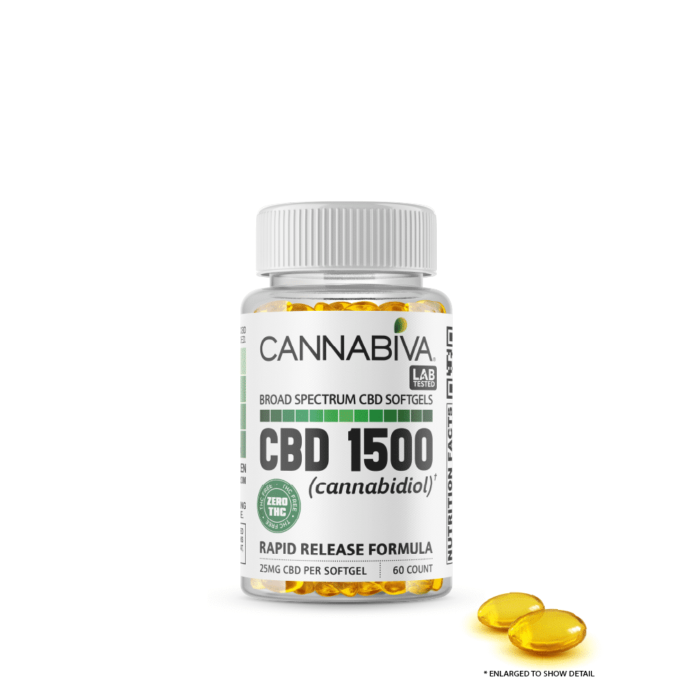 Broad Spectrum CBD Softgels (0% THC) - Cannabiva 1500MG - 60 Capsules With 25mg Per Supplement - Capsule Zoom