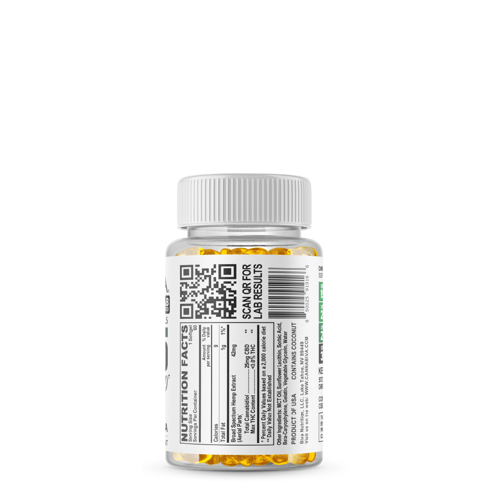 Broad Spectrum CBD Softgels (0% THC) - Cannabiva 1500MG - 60 Capsules With 25mg Per Supplement - Facts Label
