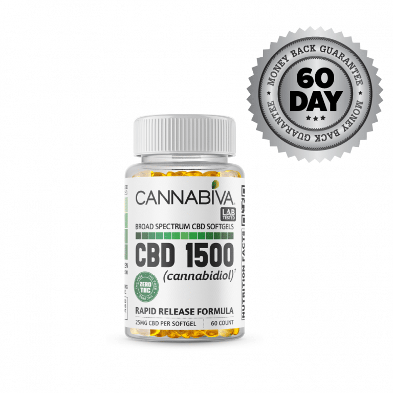 Broad Spectrum CBD Softgels (0% THC) - Cannabiva 1500MG - 60 Capsules With 25mg Per Supplement - Satisfaction Guarantee