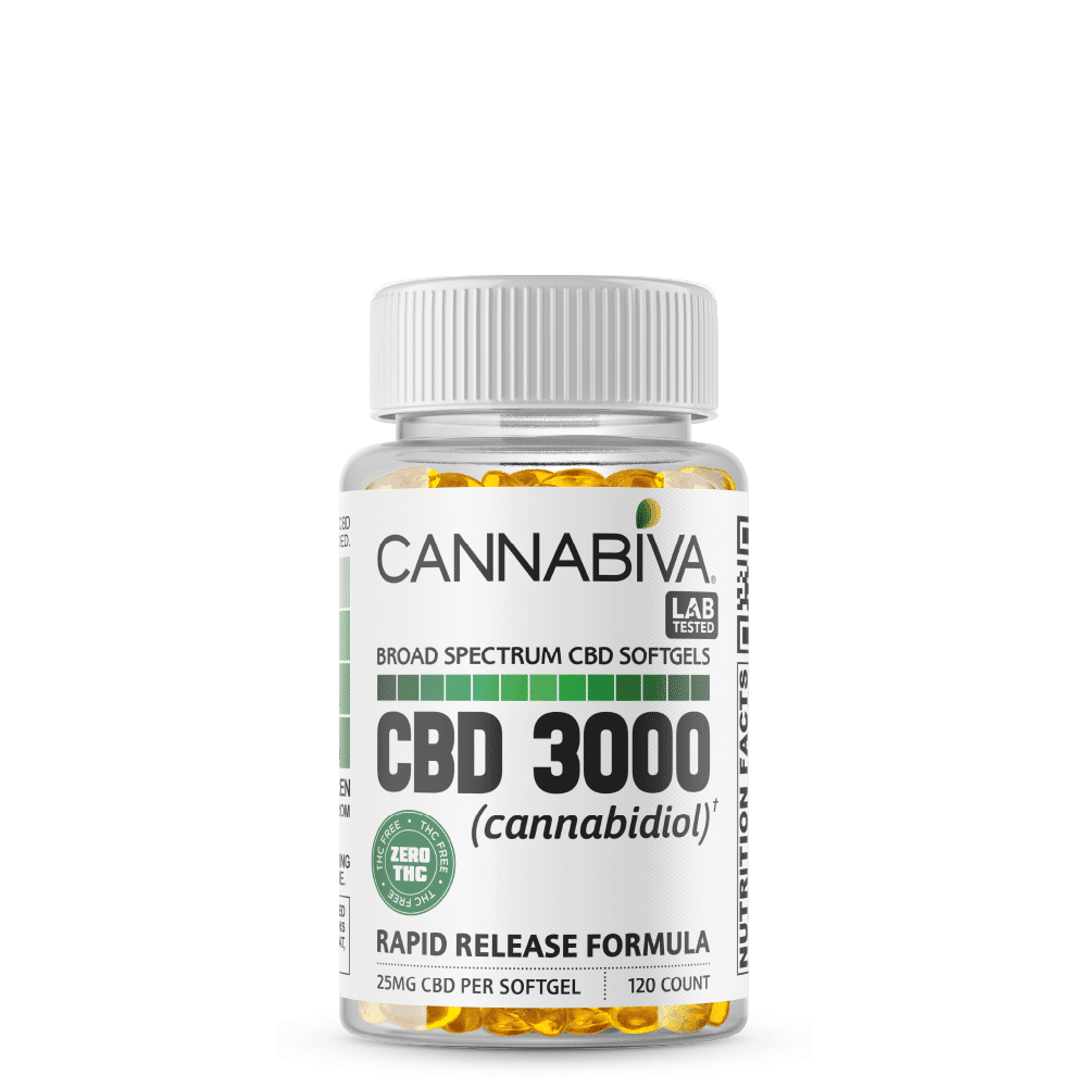 Broad Spectrum CBD Softgels (0% THC) - Cannabiva 3000MG - 120 Capsules With 25mg Per Supplement - Bottle